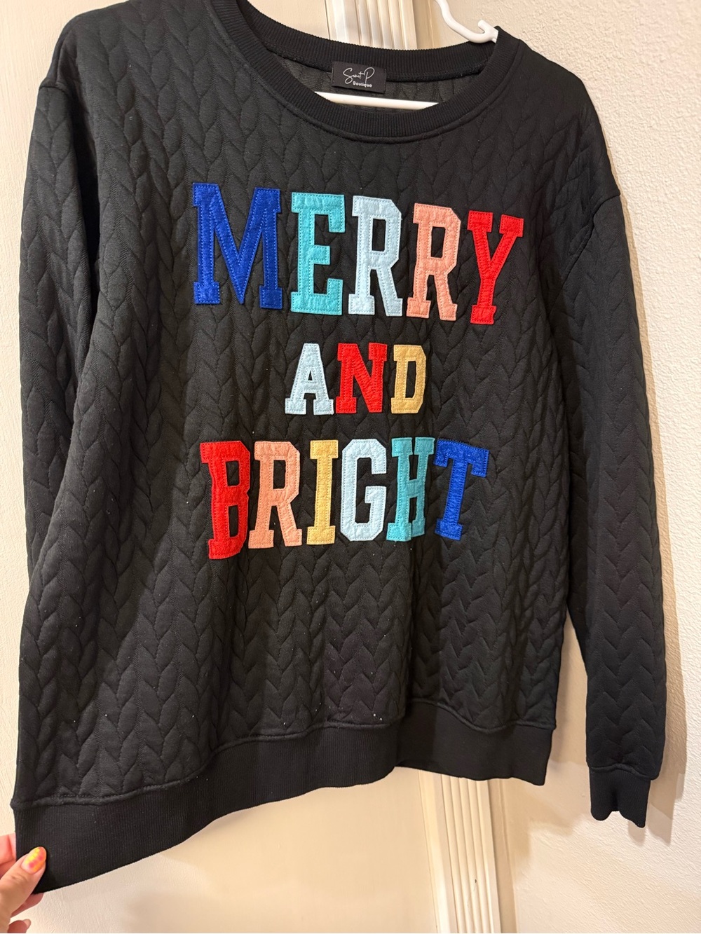 'Merry and Bright' Black Quilted Sweatshirt
